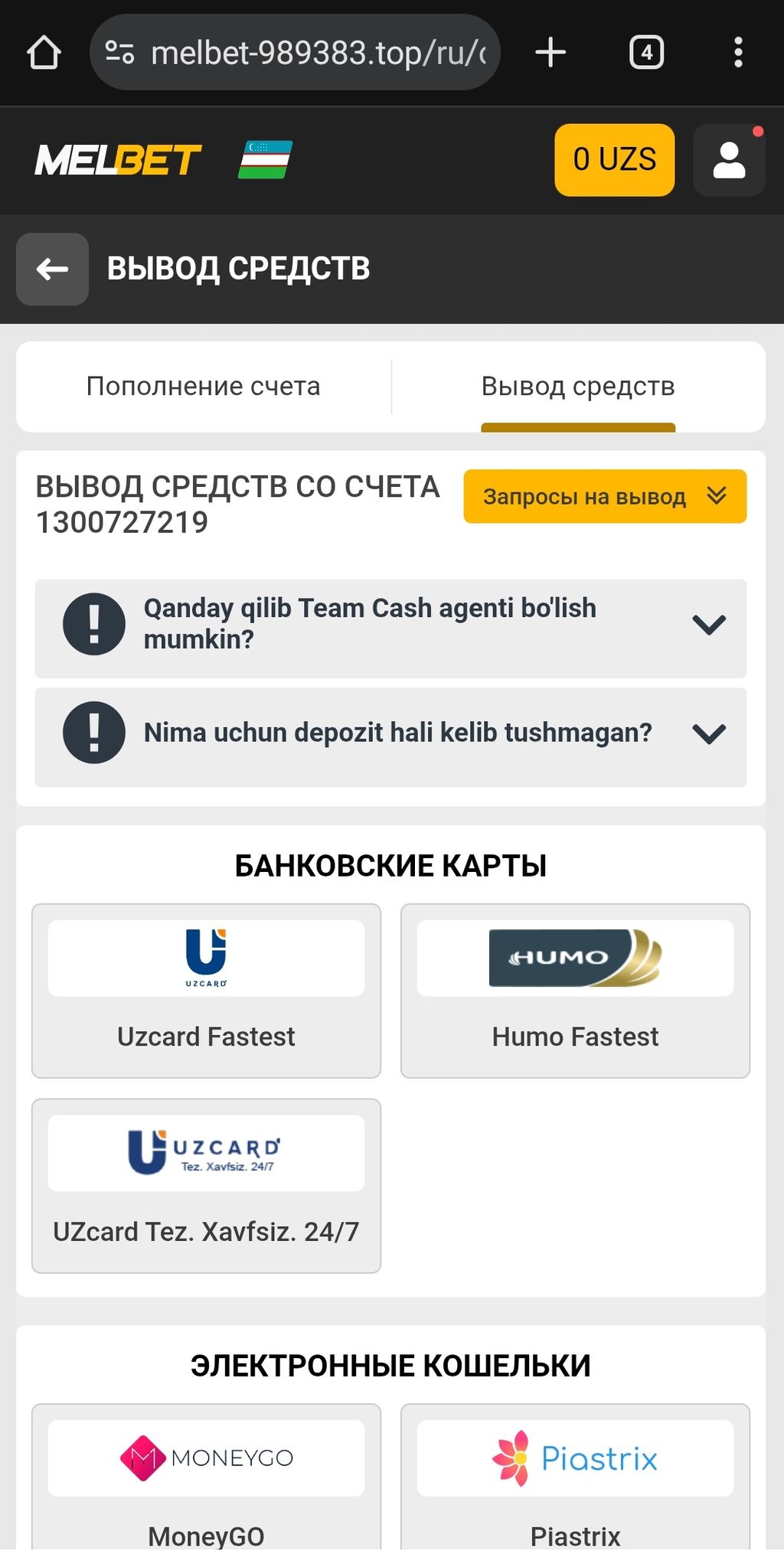 Выбор платежного метода для вывода денег