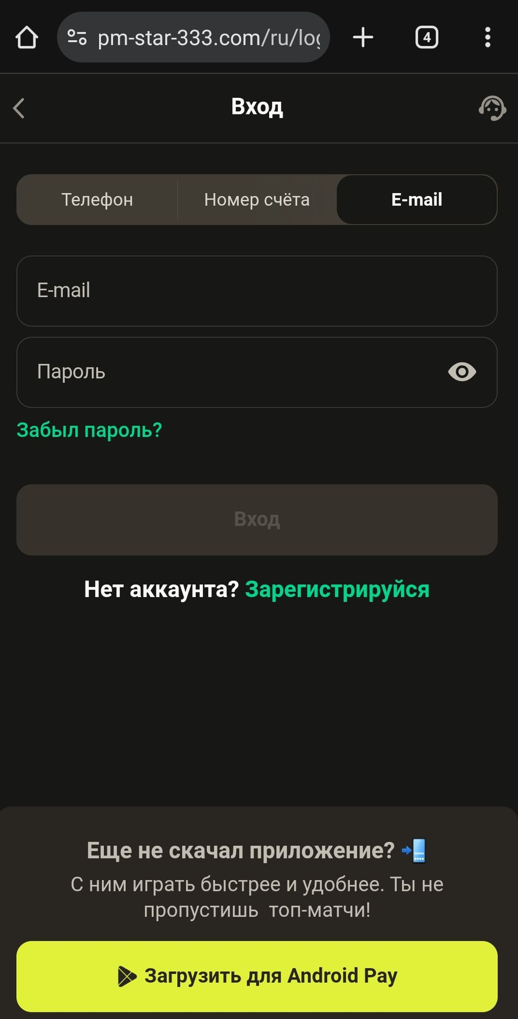 Форма авторизации по e-mail в мобильной версии конторы