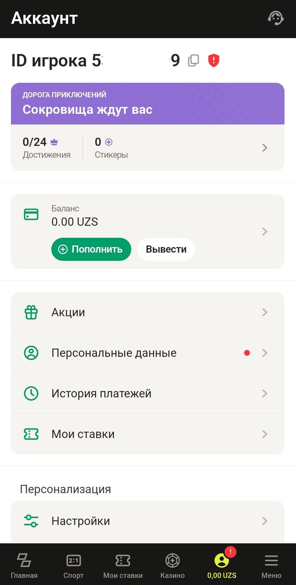 Разделы личного кабинета в приложении БК