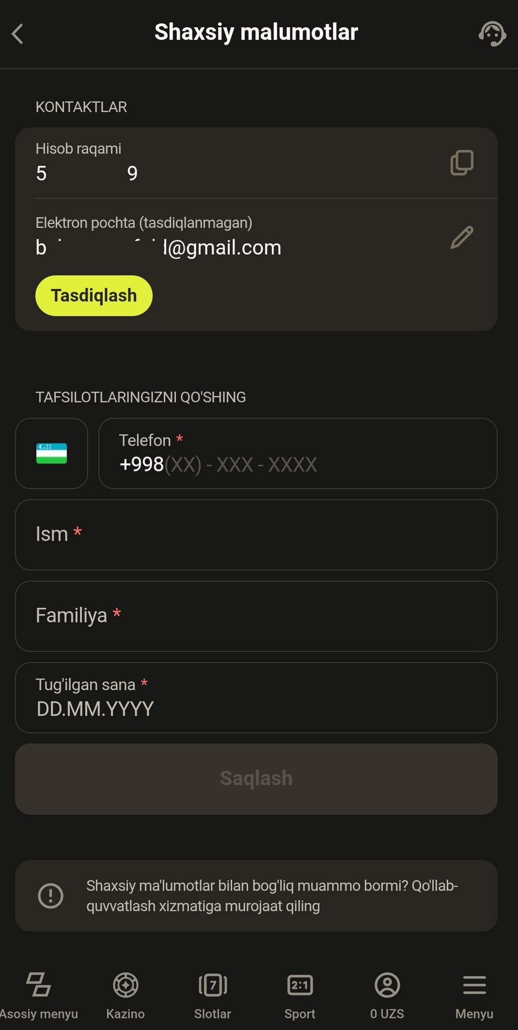 Регистрационная форма на десктопном сайте букмекера Parimatch UZ