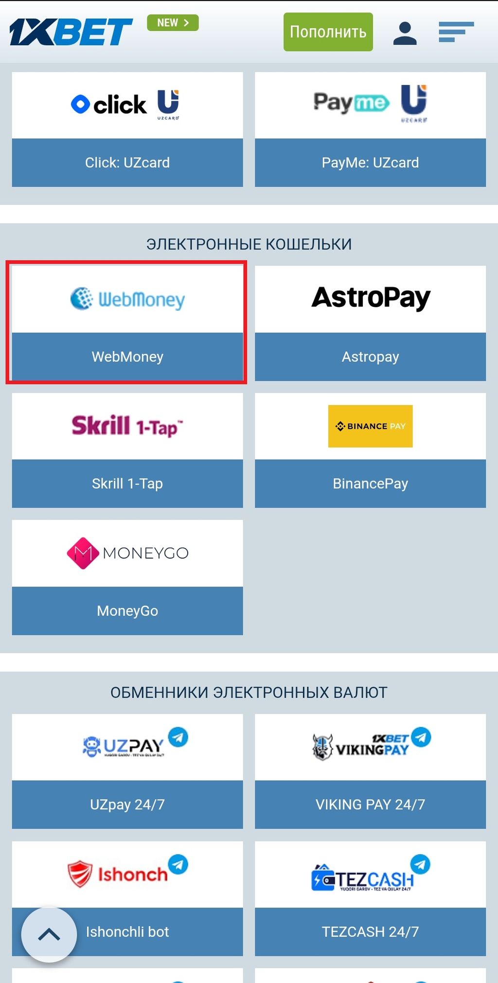 Кошелек Webmoney в списке платежных методов на 1xBet