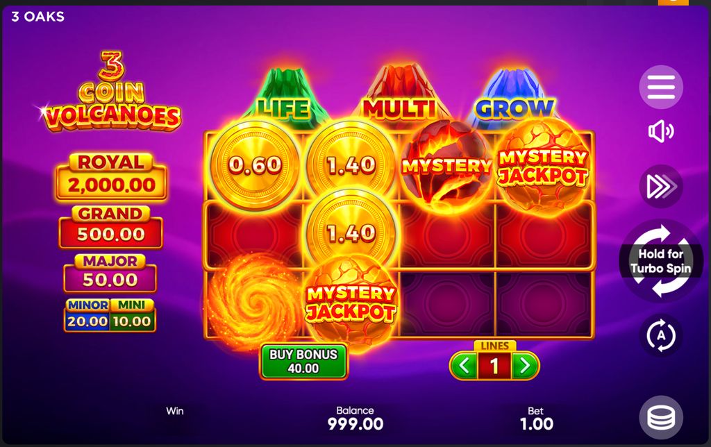 Интерфейс и игровое поле слота 3 COIN VOLCANOES